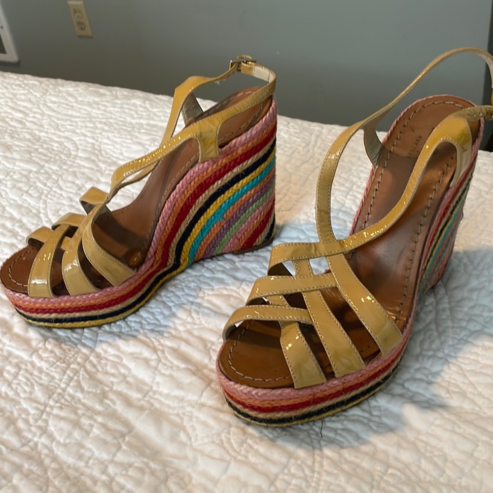 kate spade Yellow Patent Leather Multicolor Espadrille Wedge Sandals